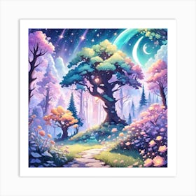 A Fantasy Forest With Twinkling Stars In Pastel Tone Square Composition 458 Art Print