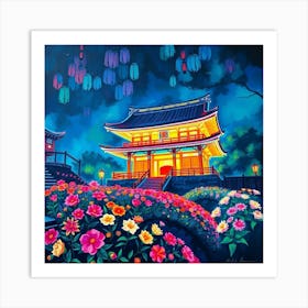 Asian Garden At Night Art Print