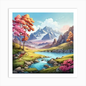 Landscape With Mountains And River Art Print