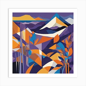 Bright Mystical Mountains Cubism Style Art Print