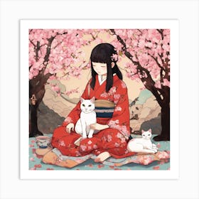 Japanese Girl With Cat Art Print 2 Art Print