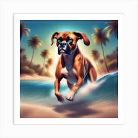 A dog boxer swimming in beach and palm trees 3 Art Print