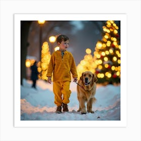 Boy And Dog In The Snow 3 Art Print