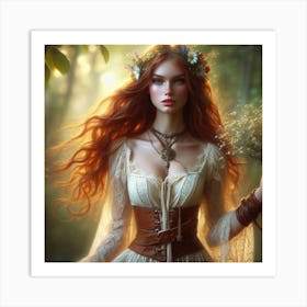 Red Haired Girl In The Forest Art Print