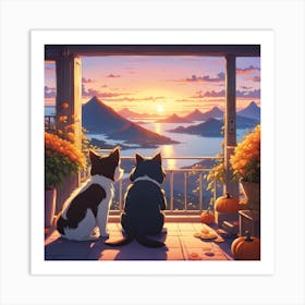 Two Cats Looking At The Sunset Art Print