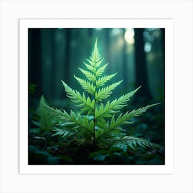 A Radiant Fern With Fronds Of Cascading, Neon Light In A Magical Woodland Art Print