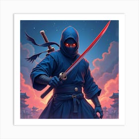 Ninja Fighter With A Watercolor Shuriken In A Vibrant Night Scene 1 Art Print