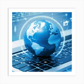 A globe on a laptop keyboard, surrounded by digital data and icons. Art Print