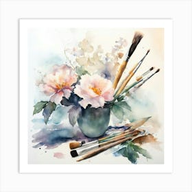 Watercolor Of Flowers And Brushes Art Print