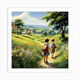 Two Children Walking Down A Path Art Print