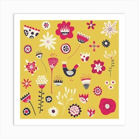 Scandinavian Folk Flowers And Birds Yellow Art Print