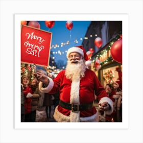 A Festive Christmas Scene With A Cheerful Man Dressed As Santa Claus Holding A Sign Fingers Pointin (4) Art Print