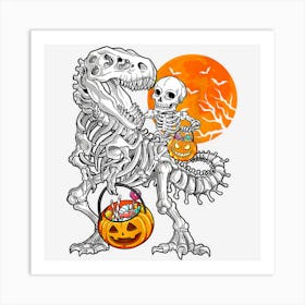 Halloween Skeleton Riding T Rex Dinosaur Holding Pumpkin Boy Art Print