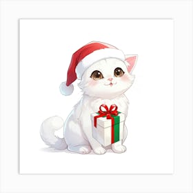 White Cat In Santa Hat Art Print