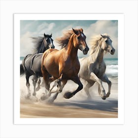 Three Horses Running On The Beach Art Print