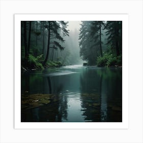 A Tranquil River Flowing Through A Dense Forest With Mist Rising From The Water Art Print