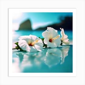 A Turquoise Blue Sea with White Hibiscus Flowers 1 Art Print