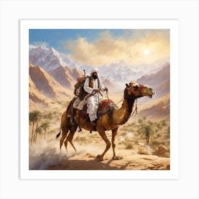 An artistic painting of a Muslim fighter riding a camel in a beautiful and picturesque scene Art Print