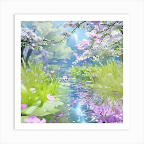 Cherry Blossom in A Serene Pond at Springtime Art Print