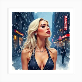 Lady Gaga In Watercolor Surrounded By Bright City Lights And Falling Rain 1 Art Print