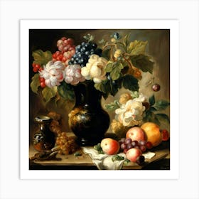 Still Life With Fruits And Flowers Art Print