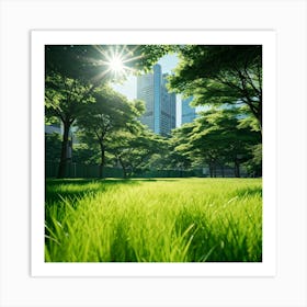 Bright Green Grass Under A Radiant Sun Swathed In Tokyo City Stands Out Against The Contrasting Sh (6) Art Print