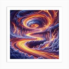 3 Dimensional Rivers With Multiple Orange Lightning And Purple Swirls In A Vortex Of Storm Clouds Art Print