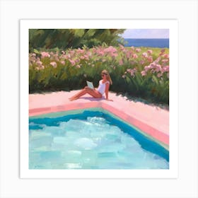 Reading After Swimming Pink Pool Vacation Art P(1) Art Print