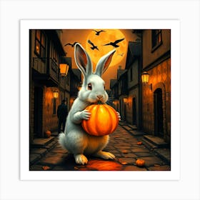 White Halloween Rabbit In Medival Alley - Diverse Art Illustration 59 Art Print