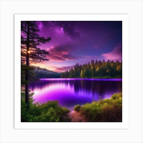 Purple Lake At Night Art Print