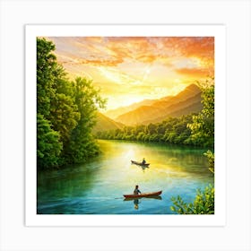 Scenic River Trails Captured In The Golden Hour Canoes Gently Floating On The Waters Surface Refle Art Print