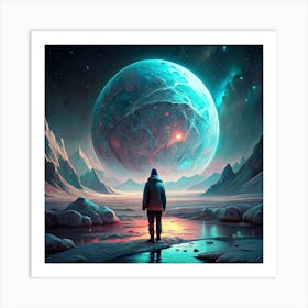 Man Gazing At A Giant Alien Planet In A Mountainous Landscape Art Print