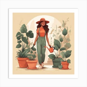 Girl Watering Potted Plants Art Print