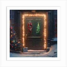 Christmas Decoration On Home Door Sharp Focus Emitting Diodes Smoke Artillery Sparks Racks Sy (6) Art Print