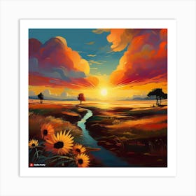 Sunset With Sunflowers Art Print