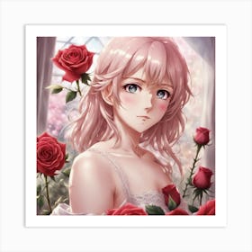 Anime Girl With Roses Art Print