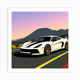 White Striped Supercar Front View Focus Sports Car On The Road Art Print