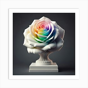 A White Marble Bust Of Rainbow Colored Rose On A Grey Background, 3d 2 Art Print