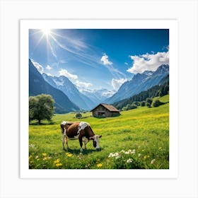 Alpine Meadow With A Cow Grazing Spring Setting Blossoming Flowers Dotting The Lush Grass Warm Su 2 Art Print