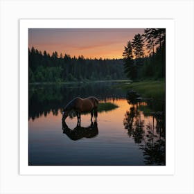 Horse Drinking Water At Sunset 1 Art Print