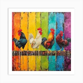 Rainbow Retro Chickens On The Fence 4 Art Print