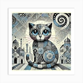 Velvet Rooftop City Cat Art Print