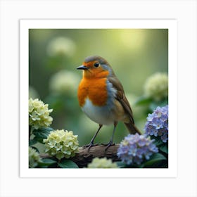 Robin In Garden Of Hydrangeas 1 Art Print