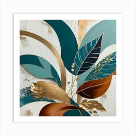 Abstract Leaves In Blue And Gold 1 Art Print