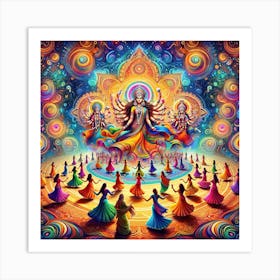 A Psychedelic Depiction Of Navratri Festival With People In Colorful Traditional Attire Dancing Garba And Dandiya In A Swirl Of Vivid Colors, Surroun Art Print