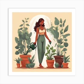 Girl Watering Plants Art Print