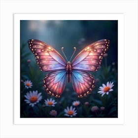 A Surreal Butterfly With Wings Of Cascading, Iridescent Light Fluttering Through A Cosmic Garden Art Print