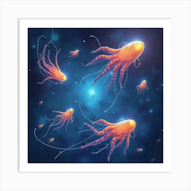 Watercolor Glowing Alien Creatures Swimming In The Depths Of Cosmic Space 1 Art Print