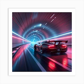 Dynamic Formula Car Drifting In A Futuristic Neon Lit Underground Tunnel 1 Art Print