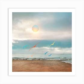 Colorful Seagulls In The Beach Square Art Print